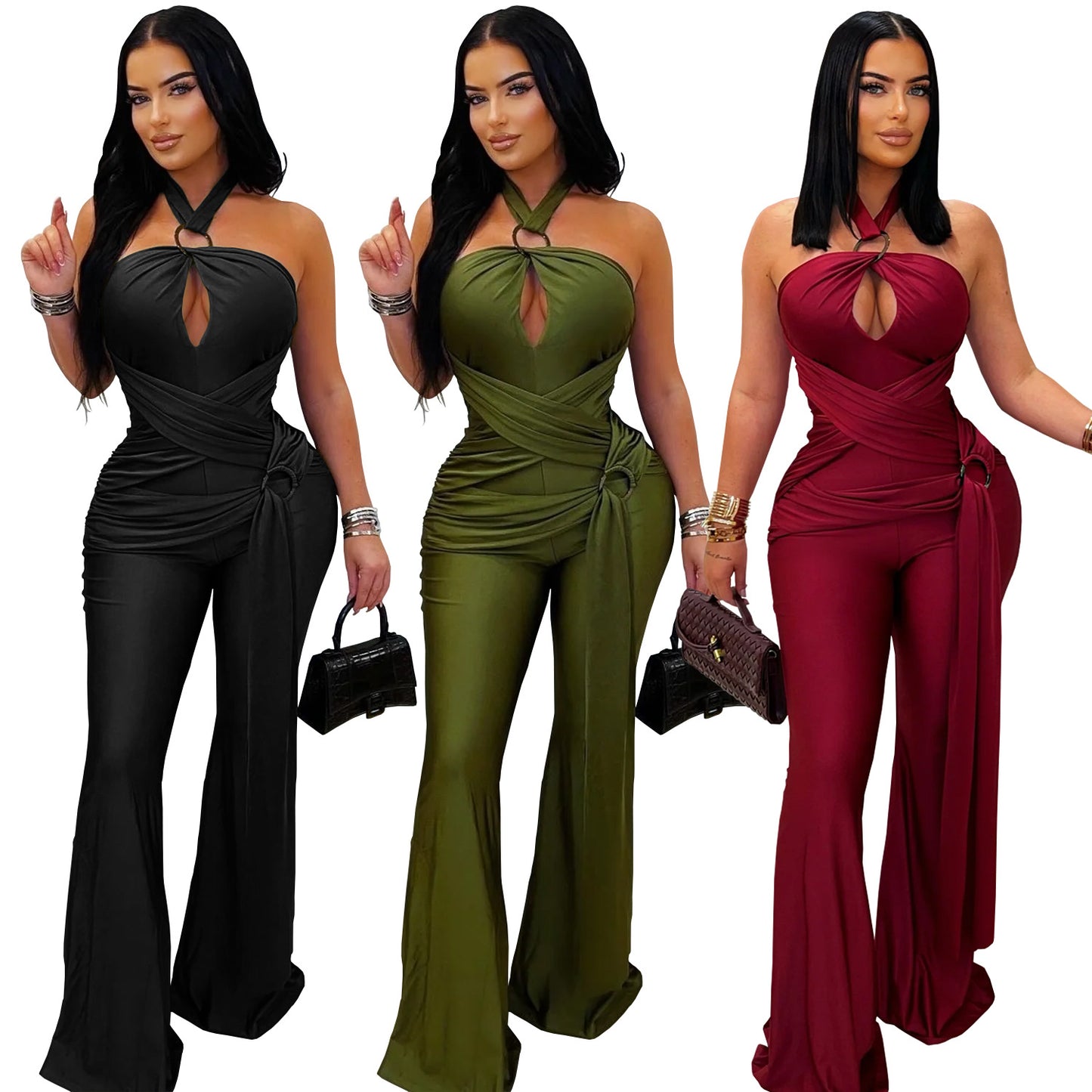 Women's Fashion Wear Solid Color Elegant Halter Wide Jumpsuits