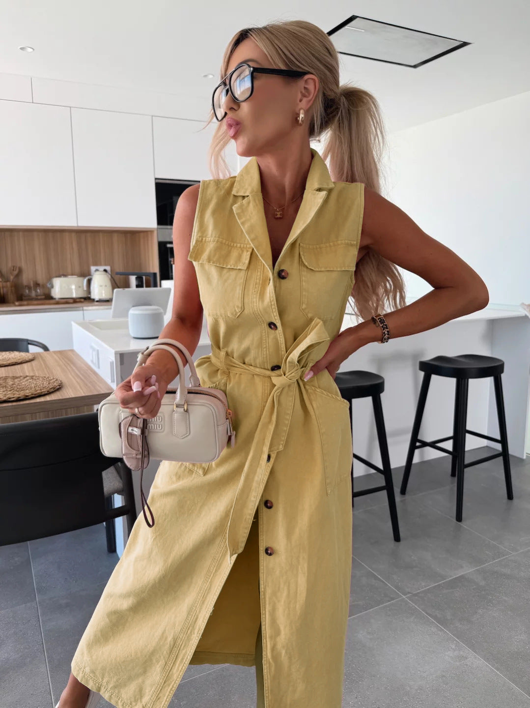 Sleeveless Long Tie Waist Single-breasted Denim Dresses