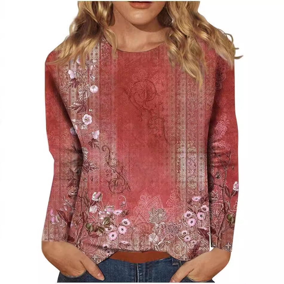 Women's Round Neck Long Sleeve Loose Print Tops