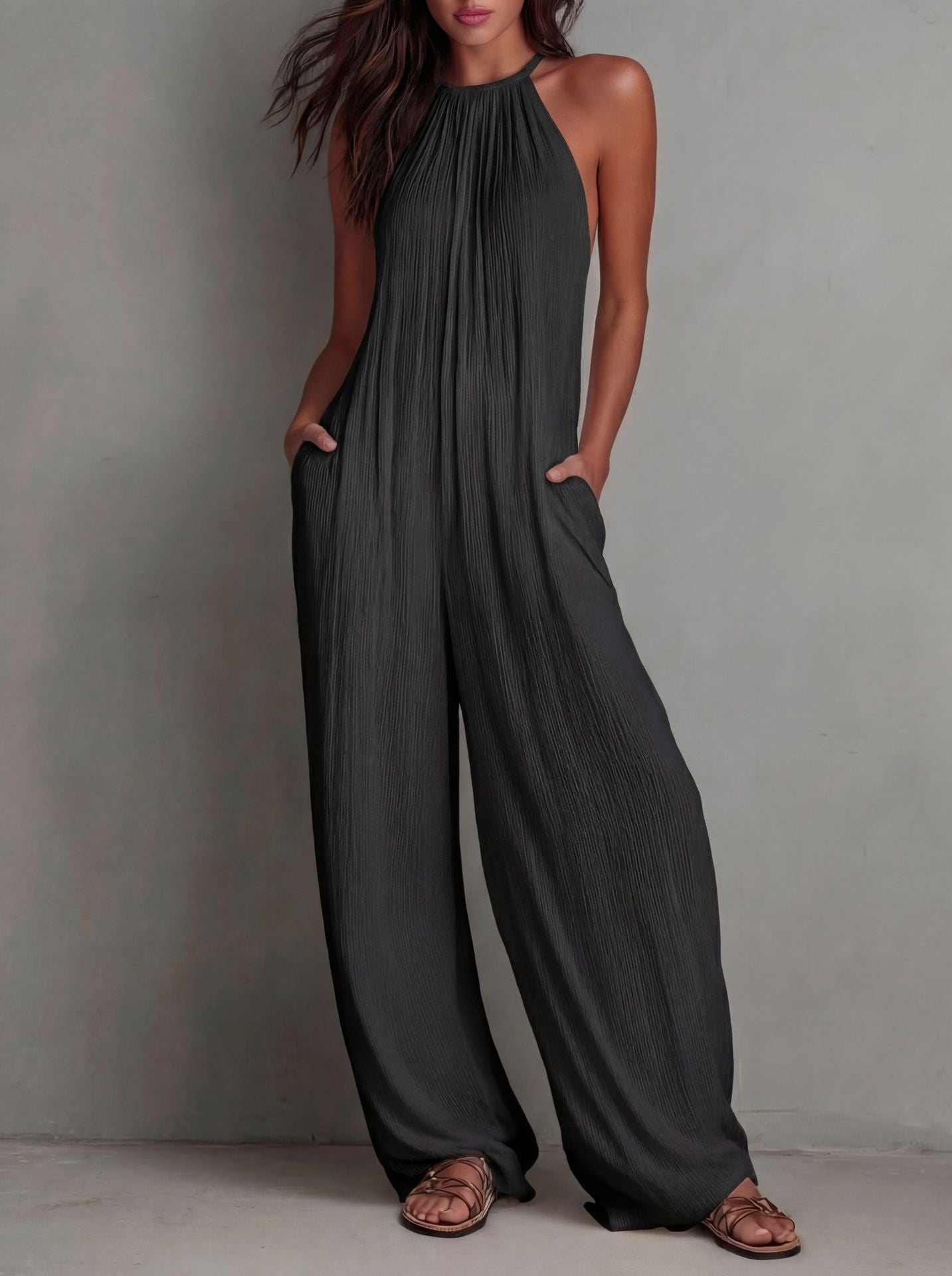 Women's Halter Sleeveless Vacation Style White Pleated Women's Jumpsuit/clothing