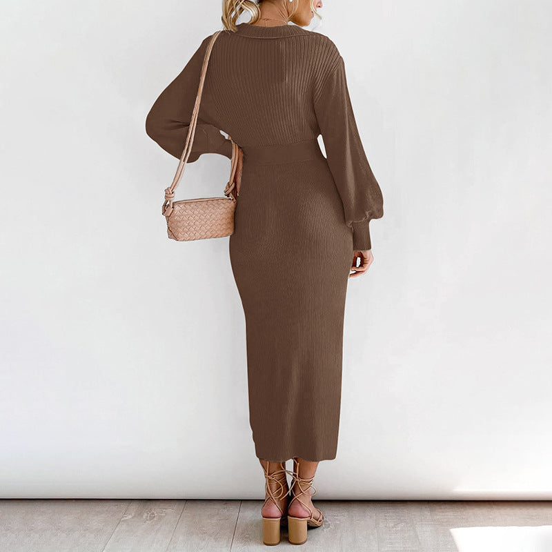 Retro Lightly Mature Lantern Sleeve Solid Dresses
