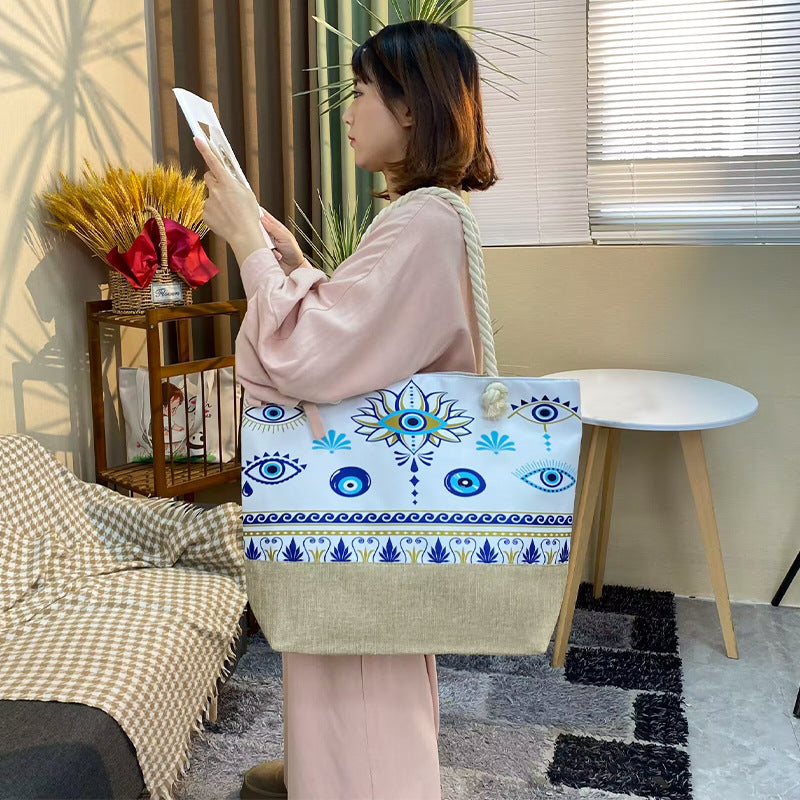 Women's Beach Thick Rope Shopping Evil Eye Stitching Bags