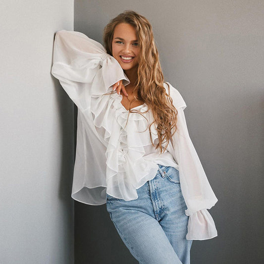 Women's Ruffled White Chiffon Shirt Loose Temperament Flying Blouses