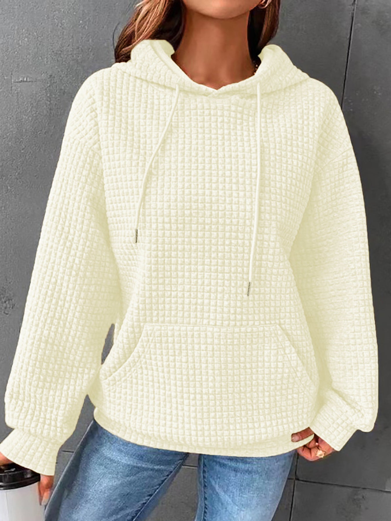 Women's Waffle Hooded Long Sleeve Letter Print Sweatshirt Loose Women's Sweater, Sweater