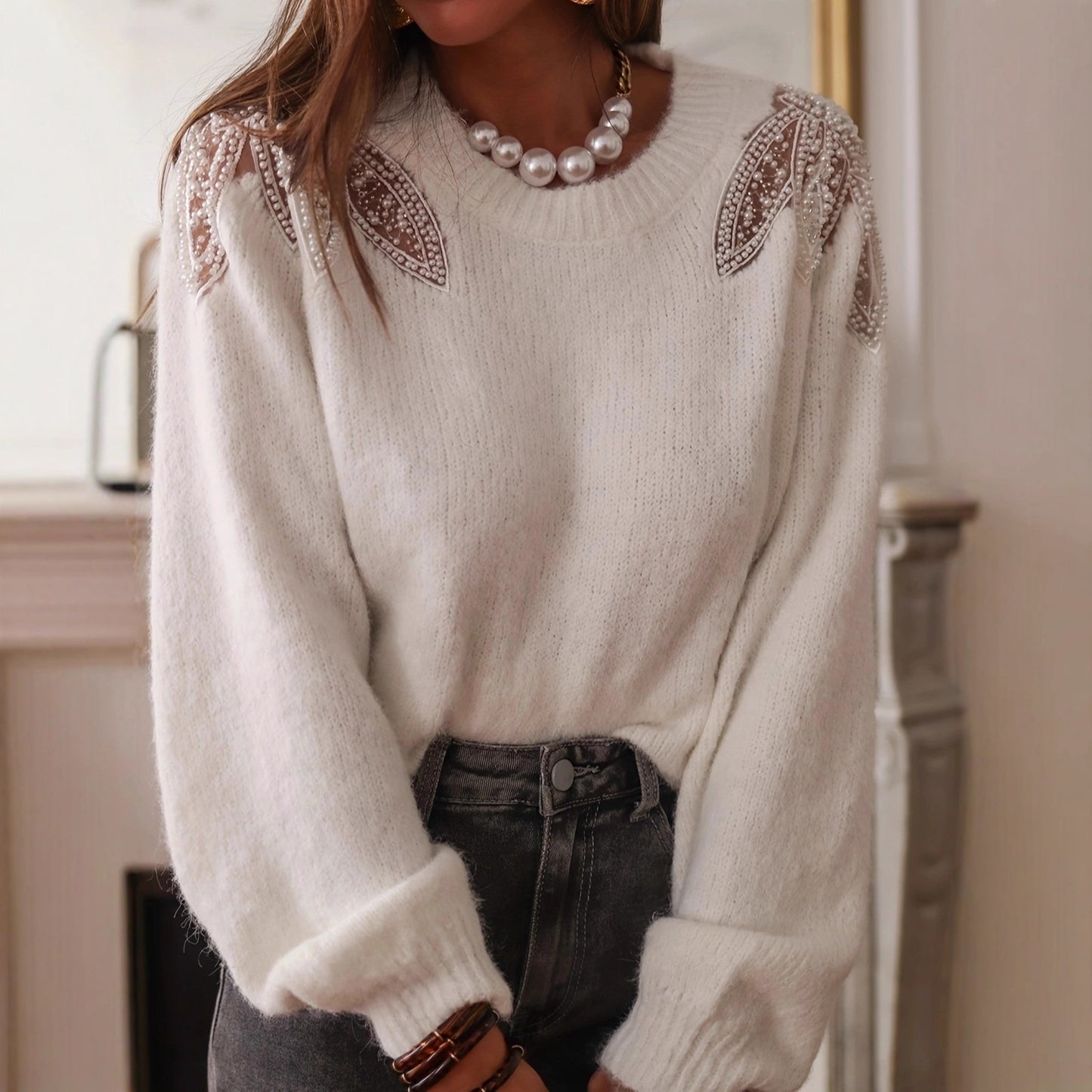 Women's Rhinestone Long Sleeve Lantern Western Style Sweaters