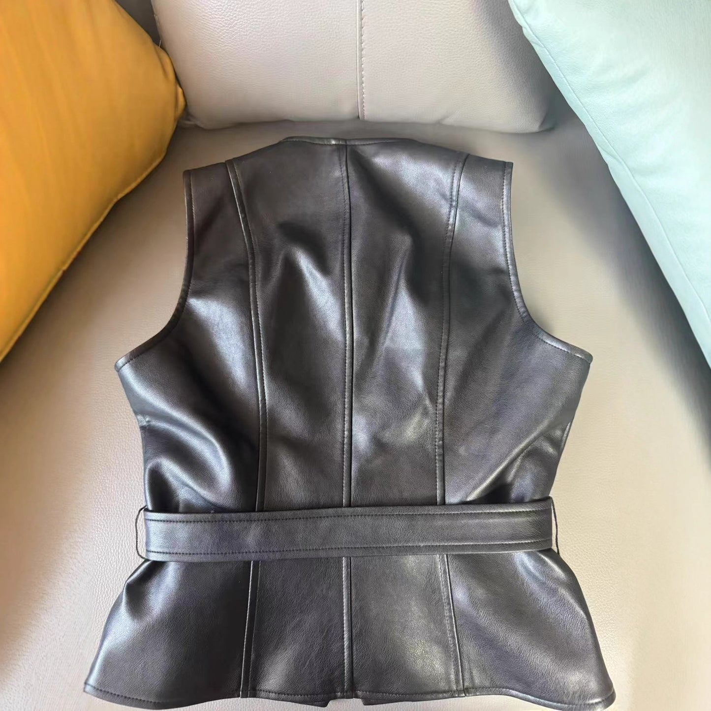 Women's Black Leather Sleeveless Slim Adjustable Belt Bandage Dress Basic Vests