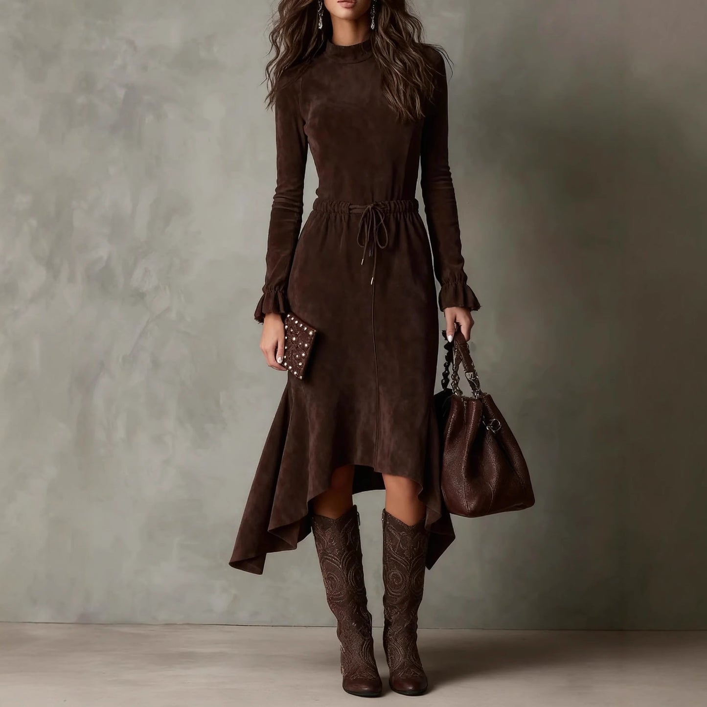 Women's Long Sleeve Tied Elastic Waist Solid Dresses
