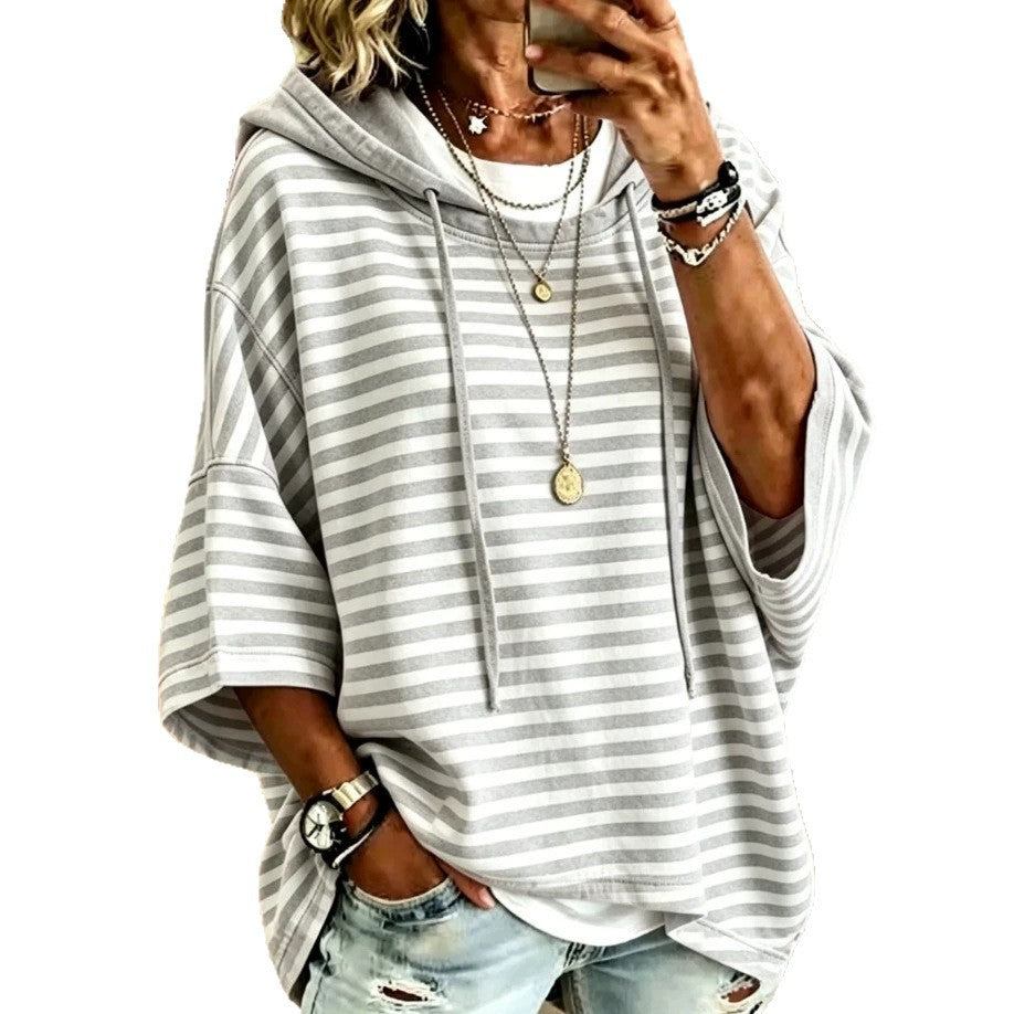 Women's Loose Casual Striped Hooded Sleeve Sweatshirt Women's Sweater, Sweater