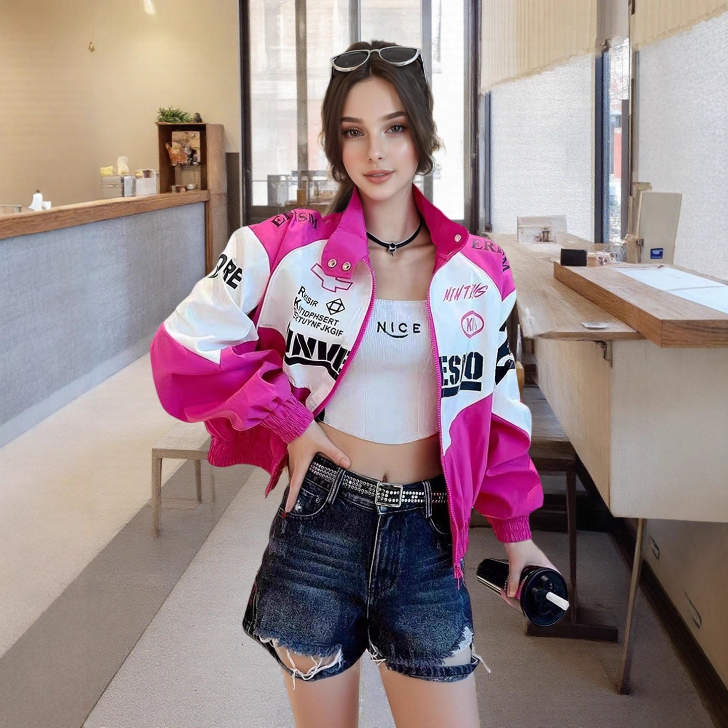 Women's American Retro Small Motorcycle Rose Pink Jackets