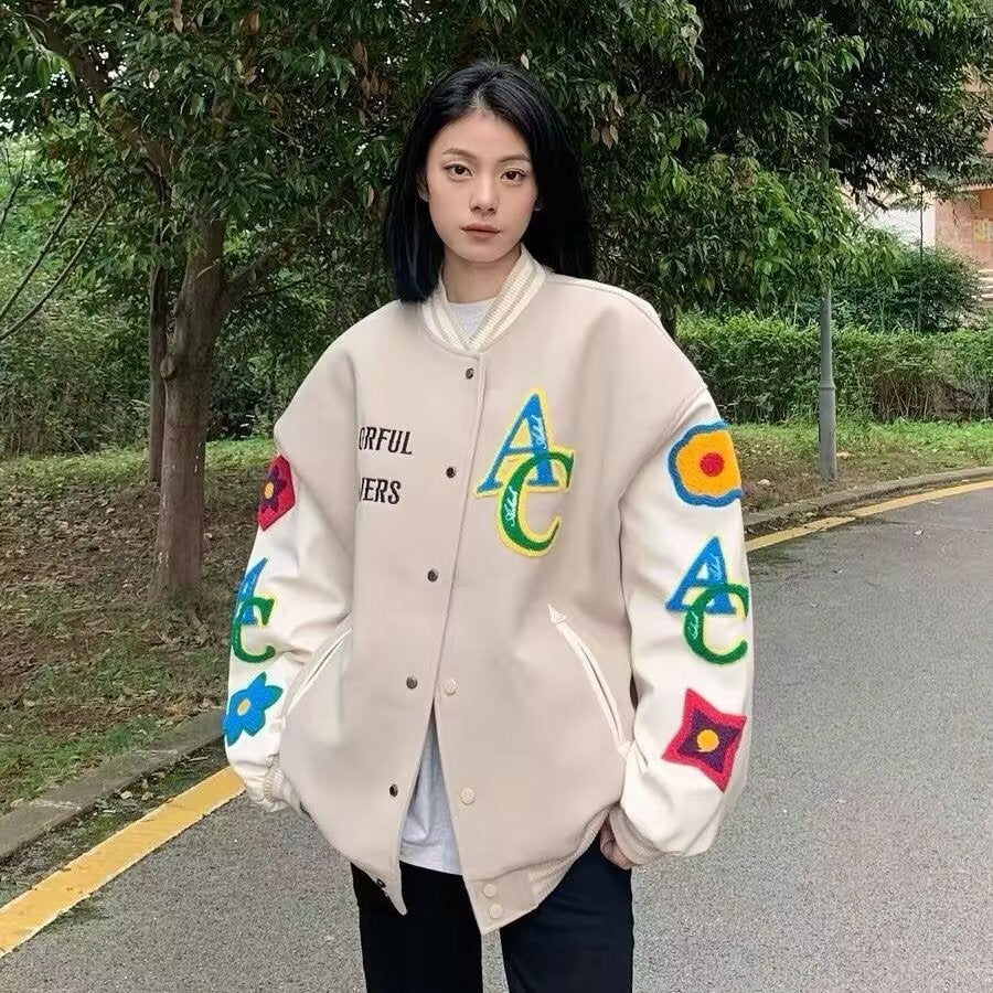 Women's Heavy Loose Stitching Embroidered Letter Baseball Coats