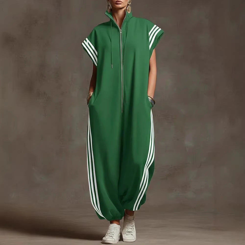 Zipped Stand Collar Striped Contrast Color Fashion Quick Women's Jumpsuit/clothing