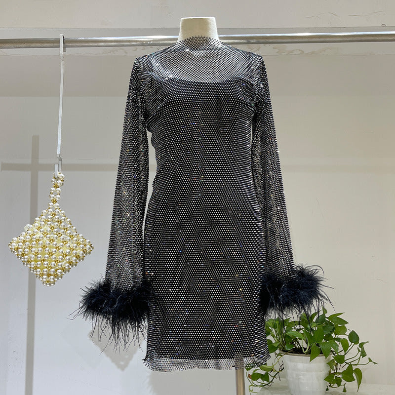 Fashion Luxury Hollow Mesh Ostrich Feather Slimming Bottoming Dresses
