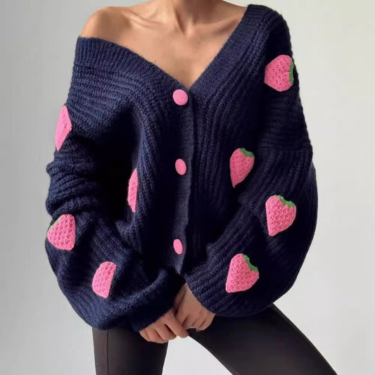 Sweet Tridimensional Strawberry Applique Thick Needle Sweaters