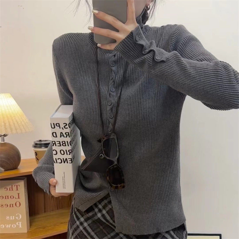 Women's Turtleneck Stand Collar Decorative Buttons Slim Knitwear