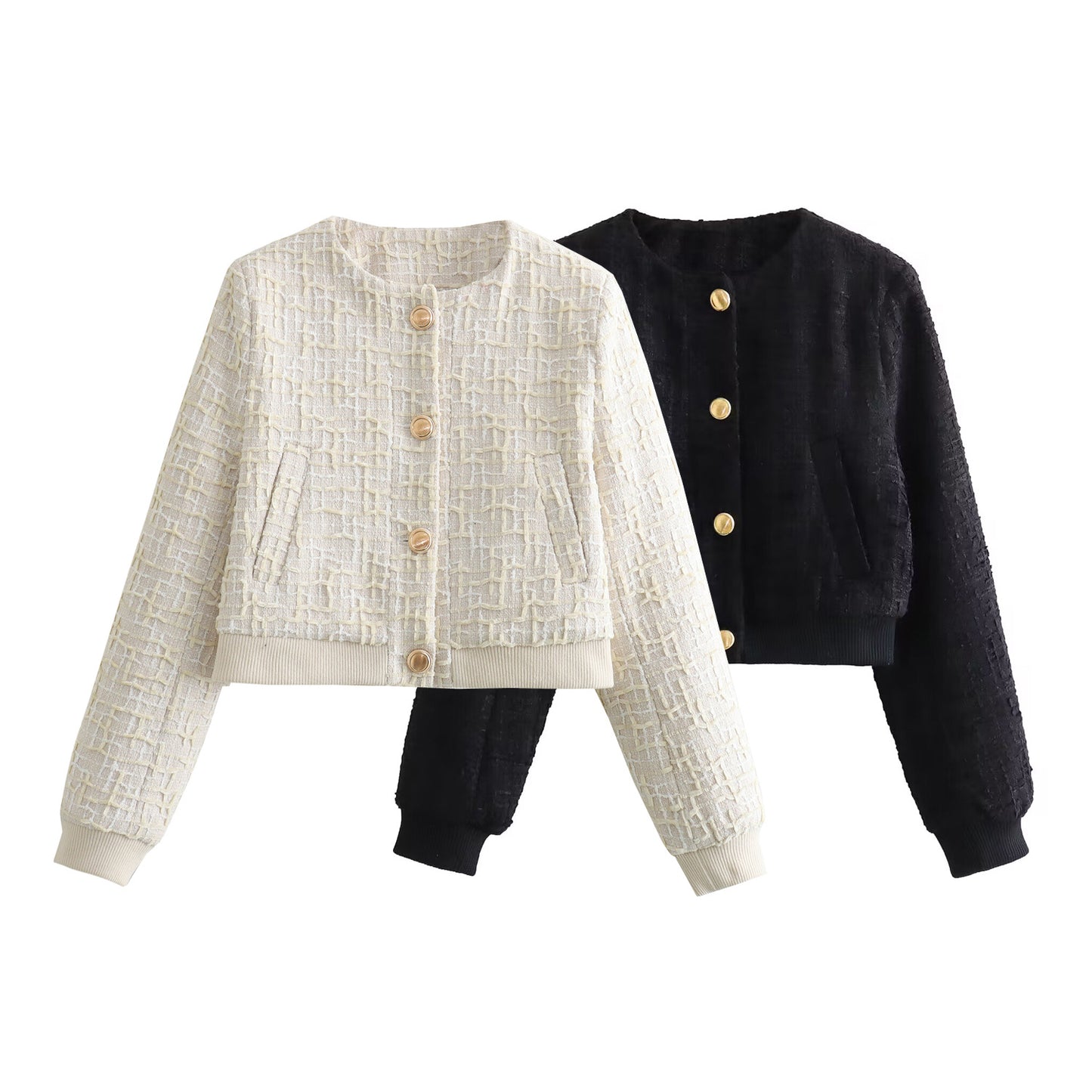Women's Round Neck Button Texture Flight Jackets