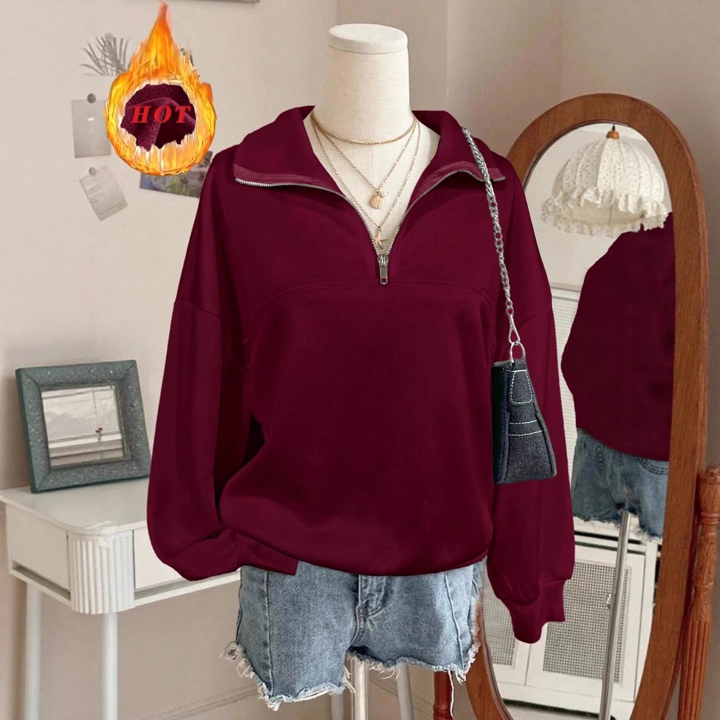 Solid Color Fleece Lapel Half Zipper Fashion Women's Sweater, Sweater