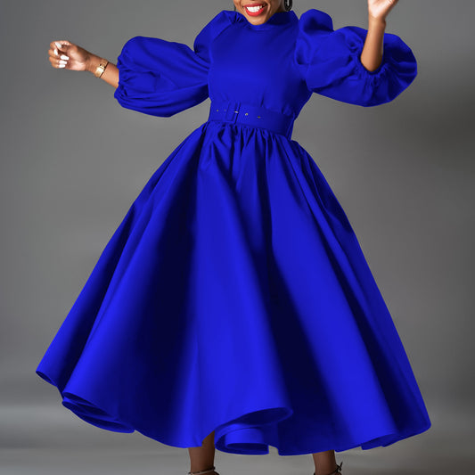 Women's Color Large Puff Sleeve Midi Dress Dresses