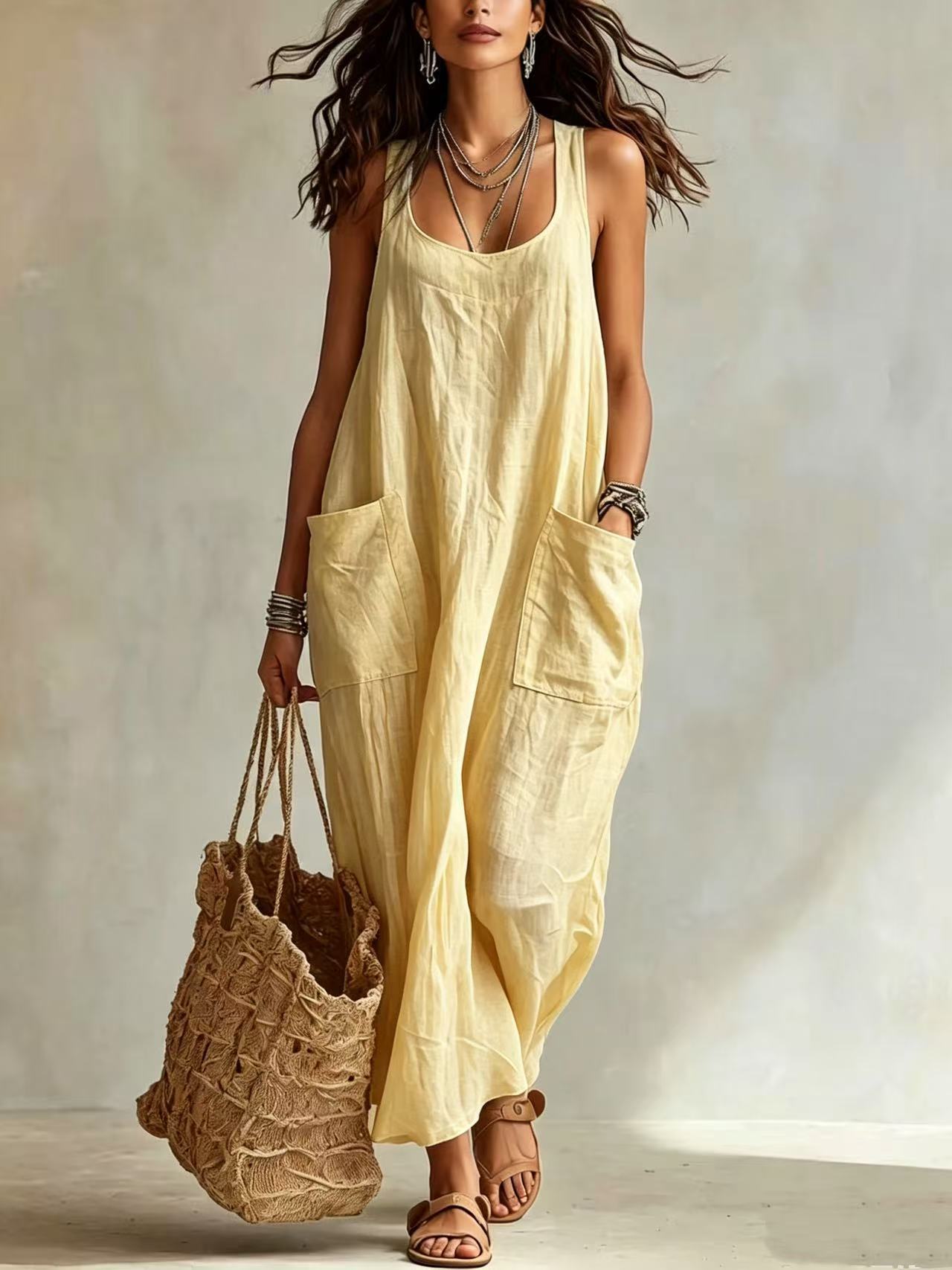 Summer Cotton Linen Temperament Leisure Pocket Dress