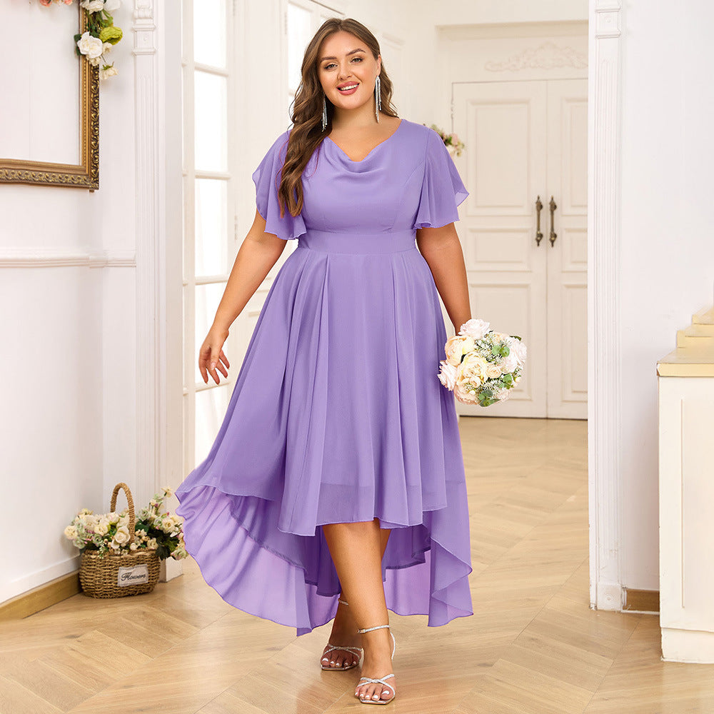 Lotus Leaf Sleeve Back Width Olive Front Long Chiffon Dresses