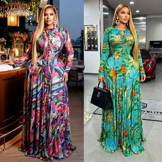 Women's African Temperament Printed Large Swing Round Neck Long Sleeve Waist Dress