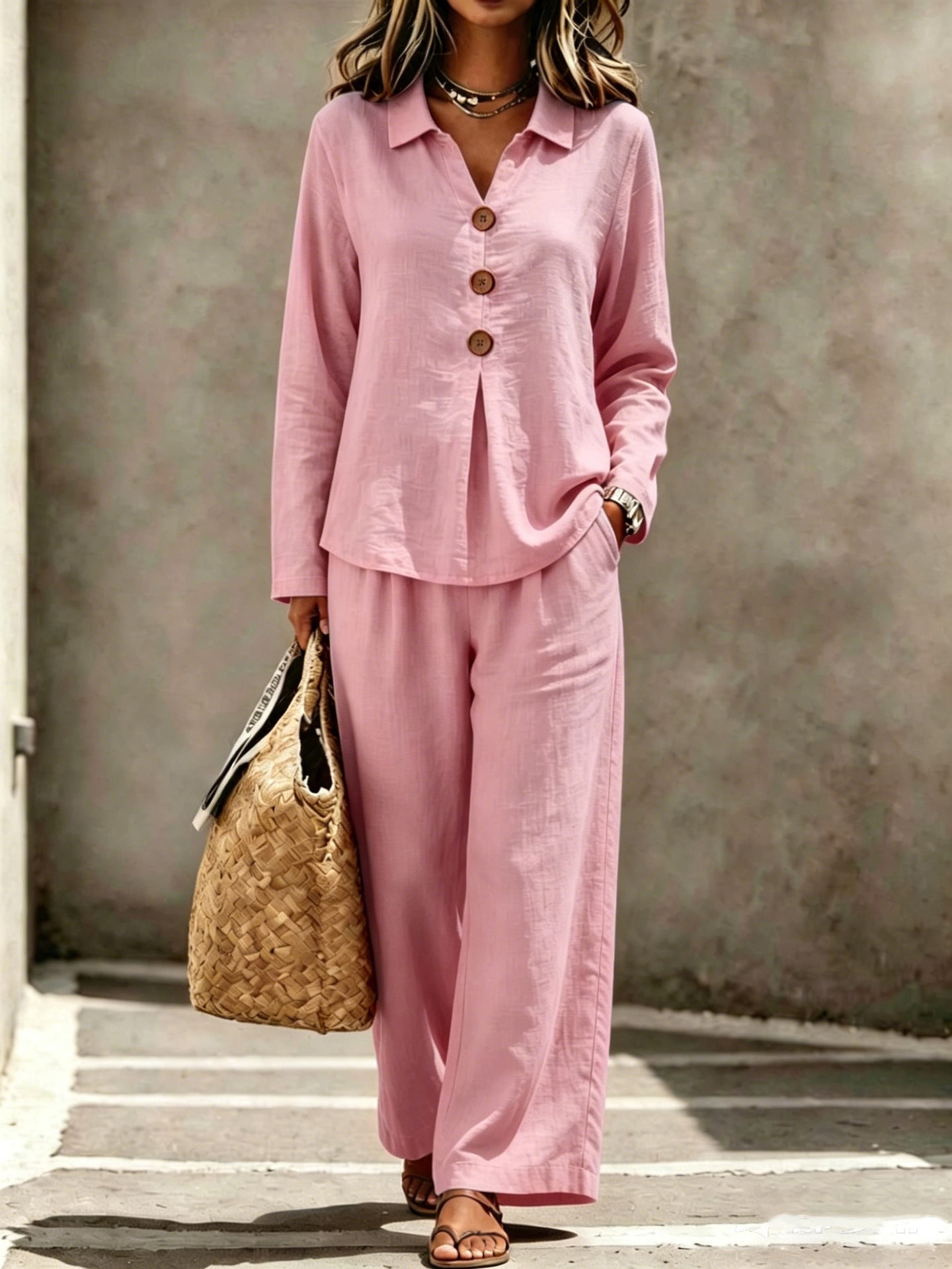 Lady Collar Decorated With Buttons Long-sleeved Trousers Suits