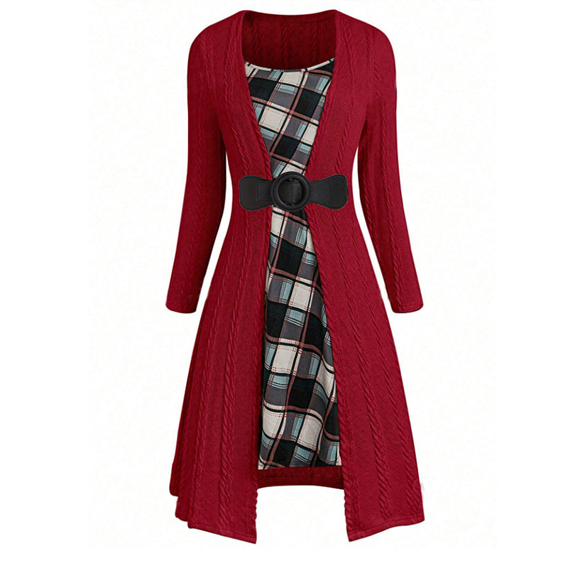 Fashion Bowknot Plaid Two-piece Knitted Dress Suits