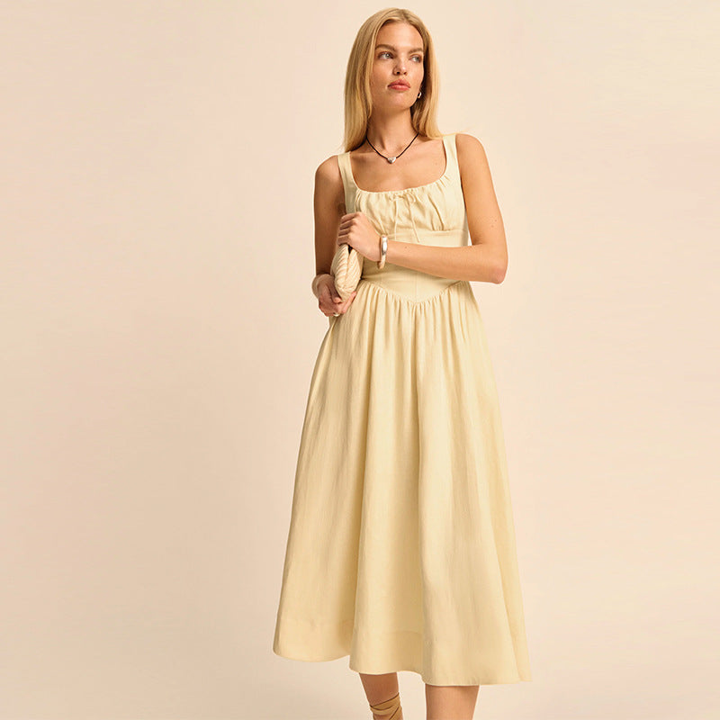 Linen Yellow Square Collar Pure Desire Style Vacation Mid-length Dresses