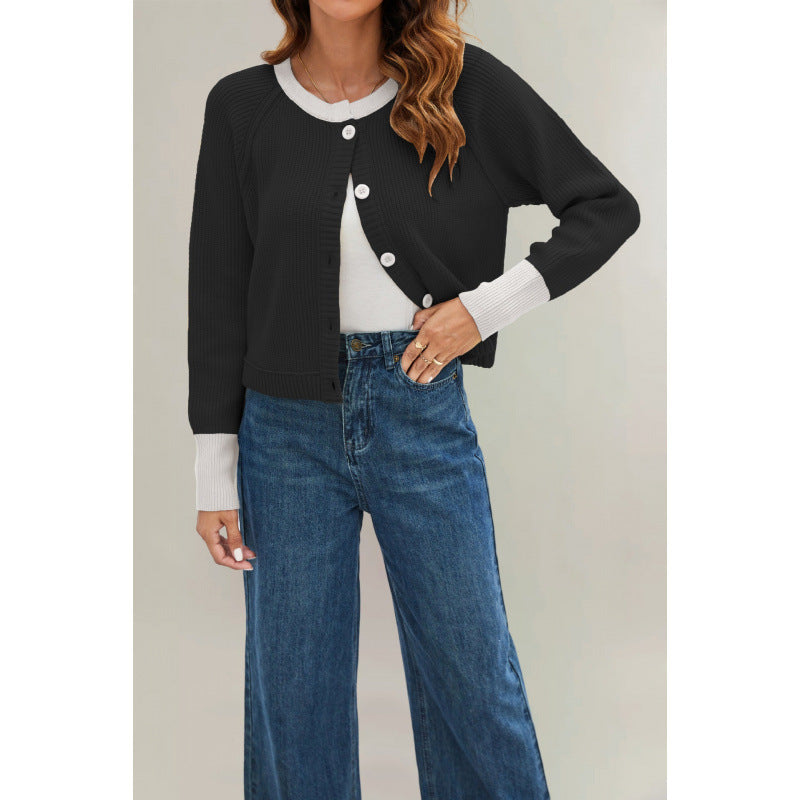 Women's Fashion Round Neck Single Row Button Contrast Color Sweaters