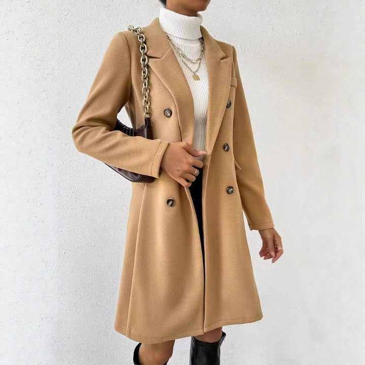 Women's Woolen Elegant Fashion Polo Collar Solid Color Mid-length Double-breasted Coats