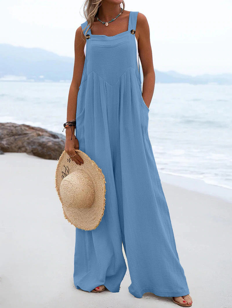 Women's Style Fashion Button Solid Color Wide Jumpsuits