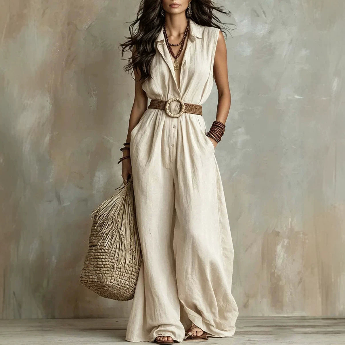 Women's Vacation Style Sleeveless Lapel Waist Tight Slimming Wide Leg Casual Women's Jumpsuit/clothing