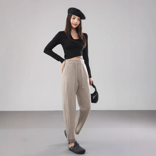 Women's Strand Thickening Tapered Air Layer Flanging Contrast Color Casual Pants