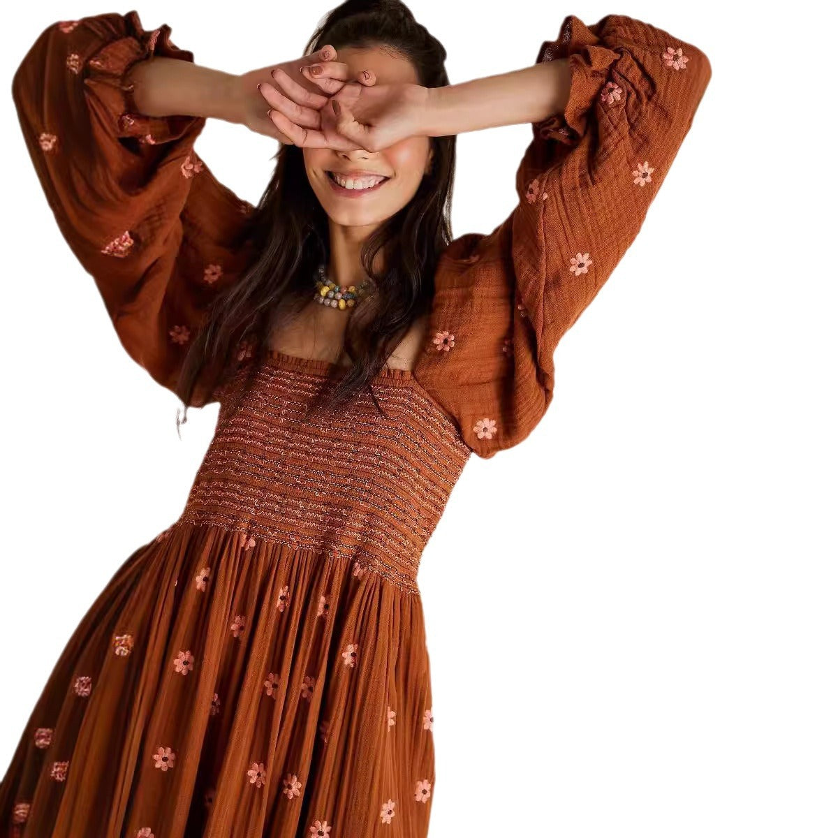 Autumn Casual Bell Sleeve Smocking Embroidered Square Dresses
