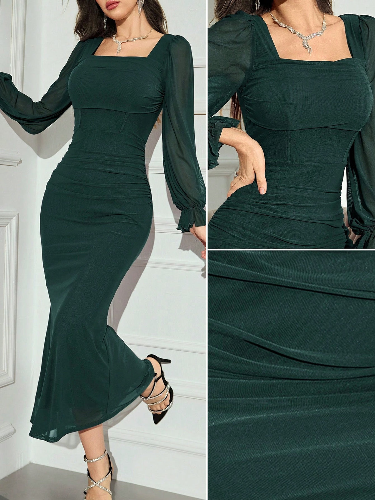 Women's Printed Square Collar Mesh Tight Elegant Long Sleeve Lotus Dress