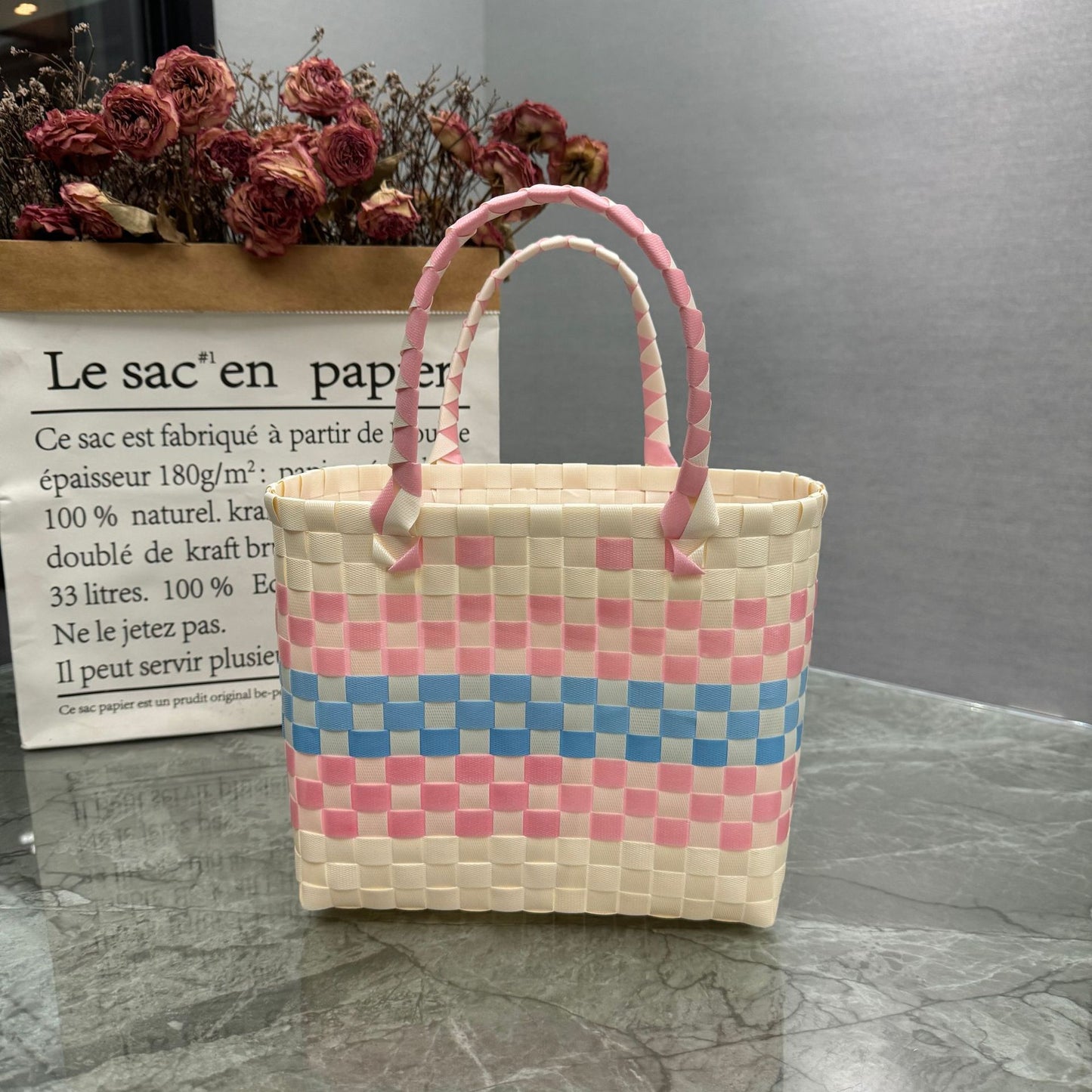 Women's Plastic Woven Gift Basket With Hand Fresh Handbags