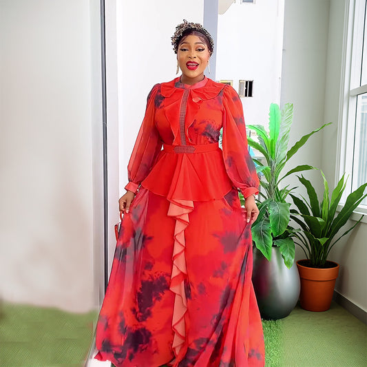 Retro Long Ruffled Dress African Printed Dresses