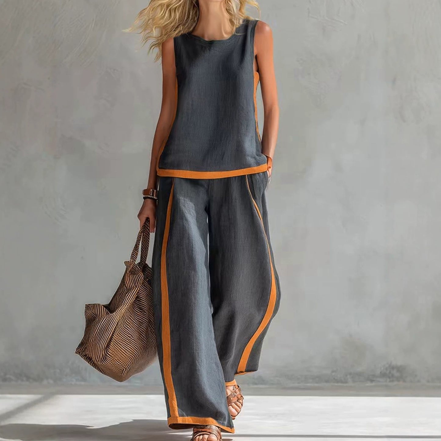 Women's Sleeveless Contrast Color Summer Two-piece Trendy Fashion Casual Suit