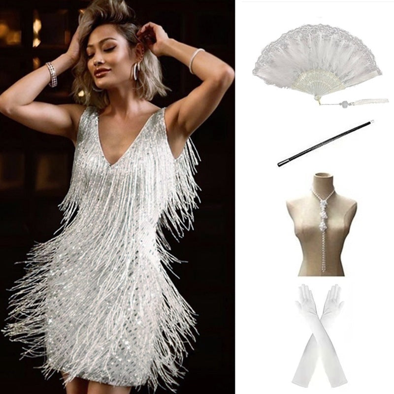 Women's Vintage Sequined Party Dinner Dress Tassel Dresses