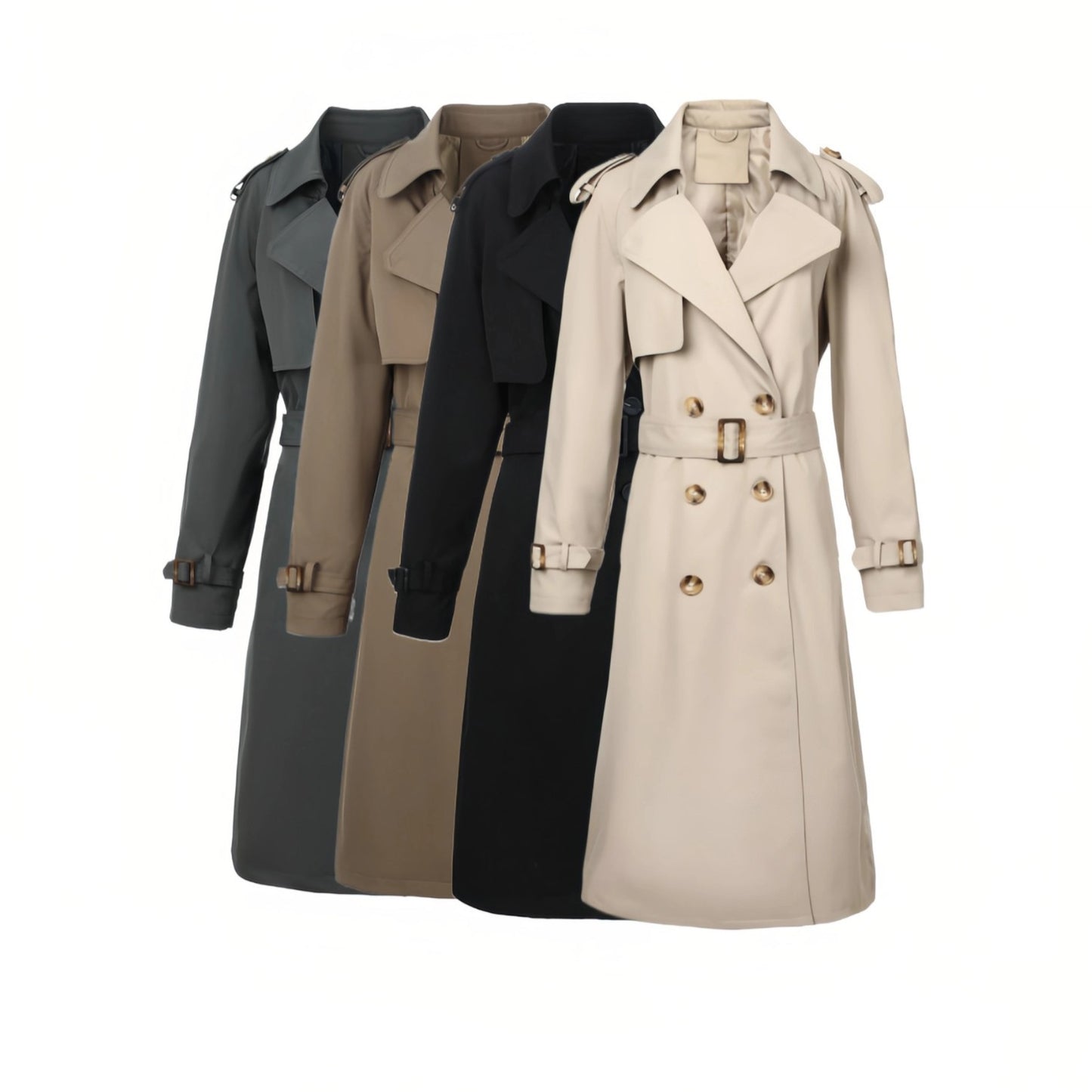Double Breasted Metal Buckle Decorative Badges Belt Coats