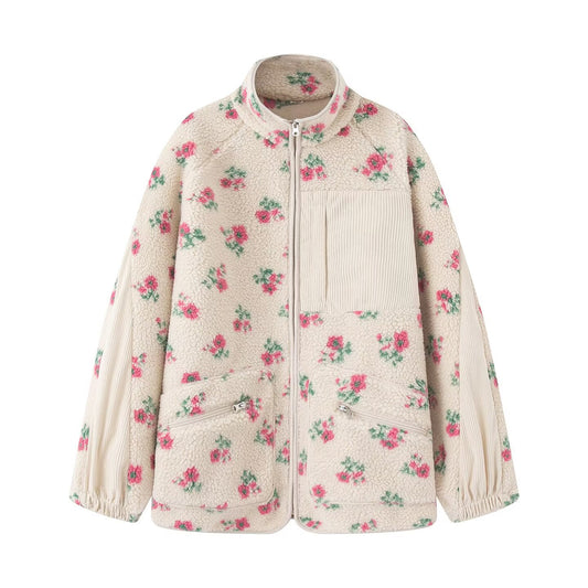 Women's Floral Stand Collar Loose Zip Sweaters