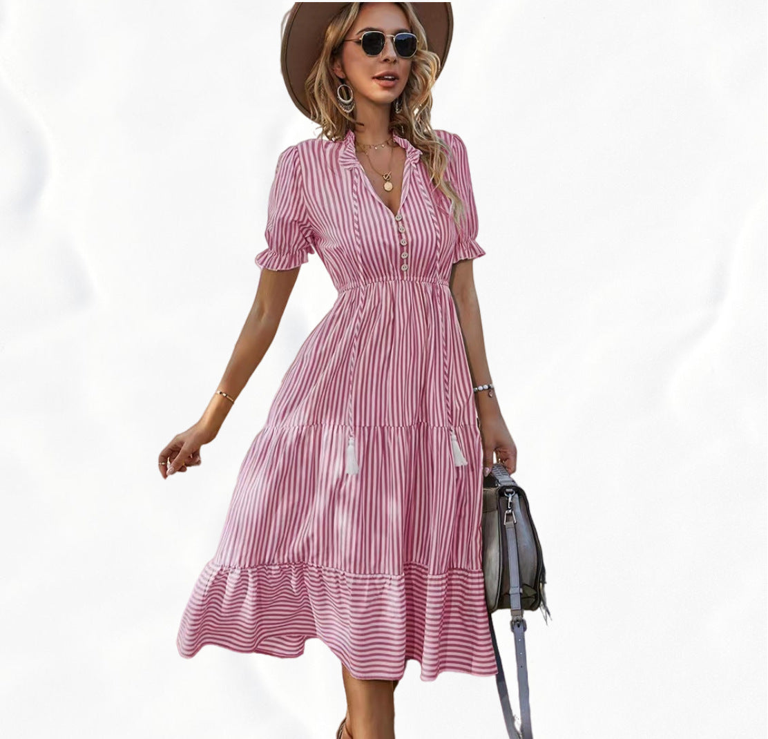 Women's Striped Elastic Waist Sleeve Expandable Dress