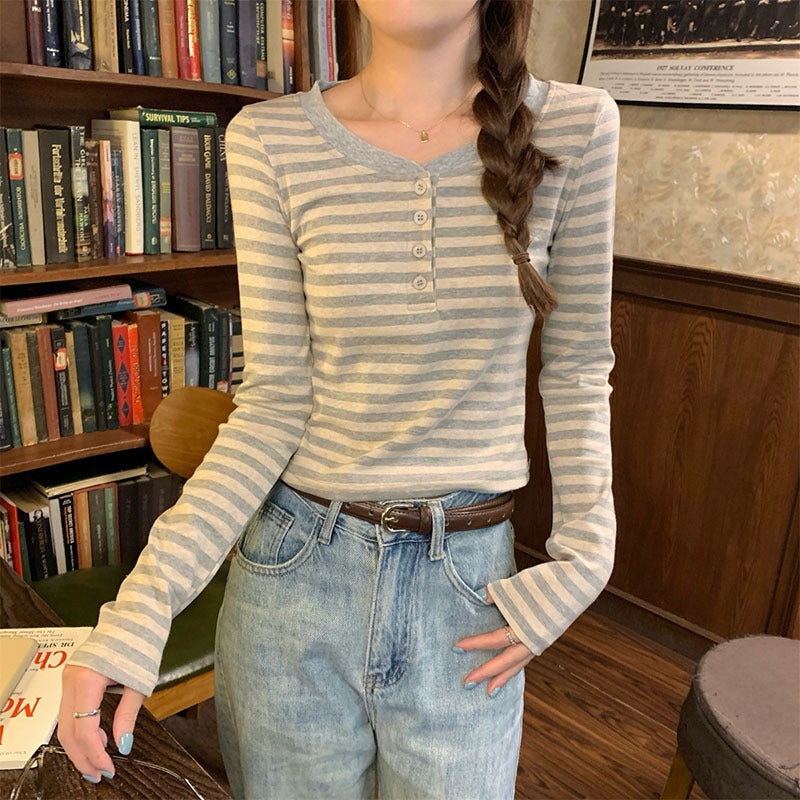 Women's Style Shoulder Striped Long-sleeved Henry Collar Design Bottoming Shirt Tops