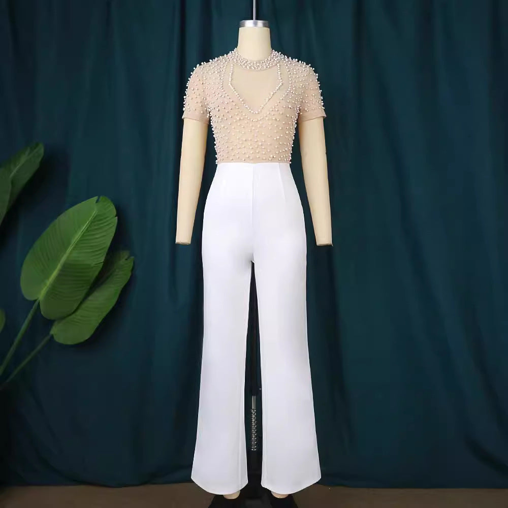 Round Neck Sleeve Beaded Casual Style High Waist Suits