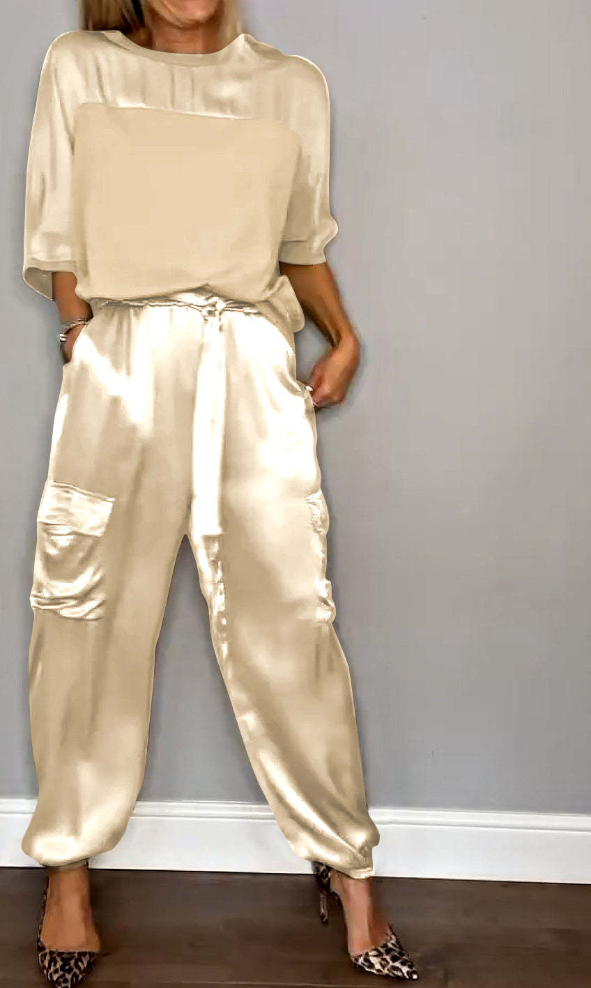 Women's Smooth Satin Short-sleeved Casual Two-piece Set Suits