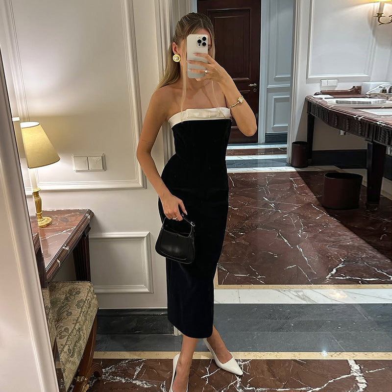 Women's Black White Stitching Sexy Slim Hip Dress