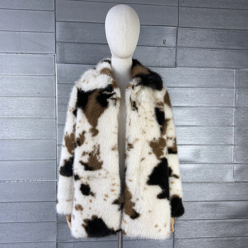 Women's Faux Fox Fur Cows Pattern Lapel Coats