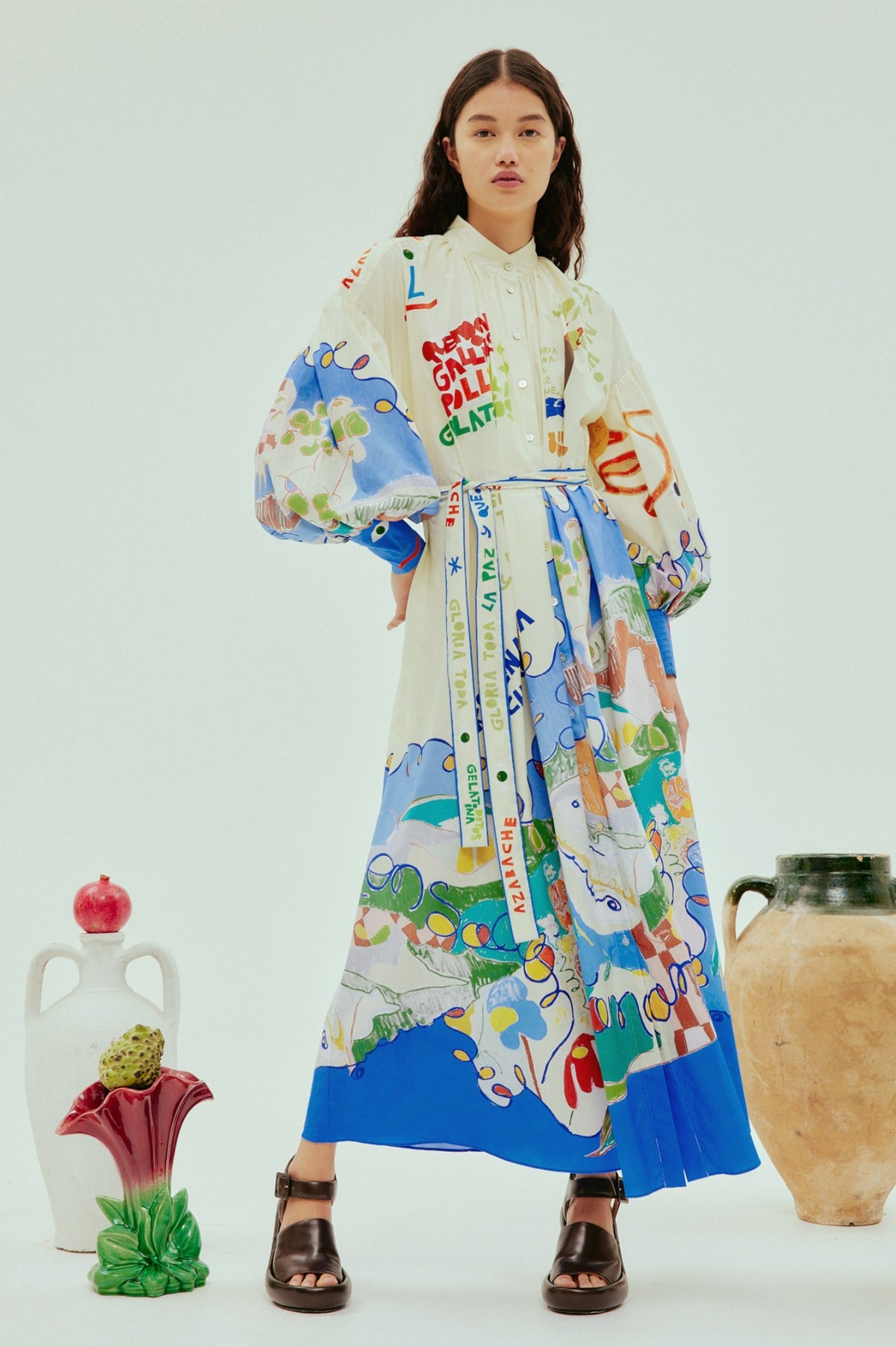 Single-breasted Long Lantern Sleeve Iti Printing Dress