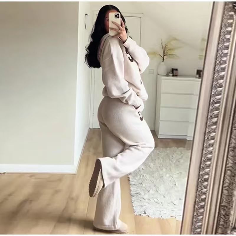 Solid Color Knitted Hooded Loose Trousers Suits
