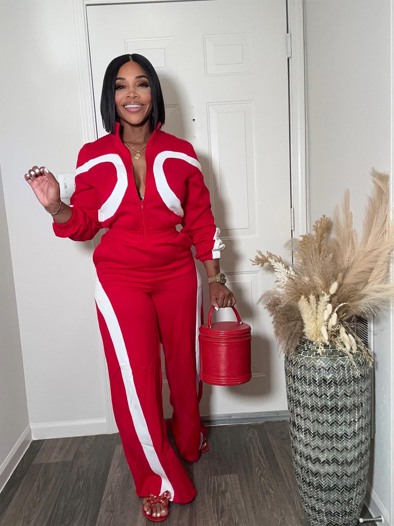 Women's Sports Contrast Color Long Sleeves Casual Jumpsuits