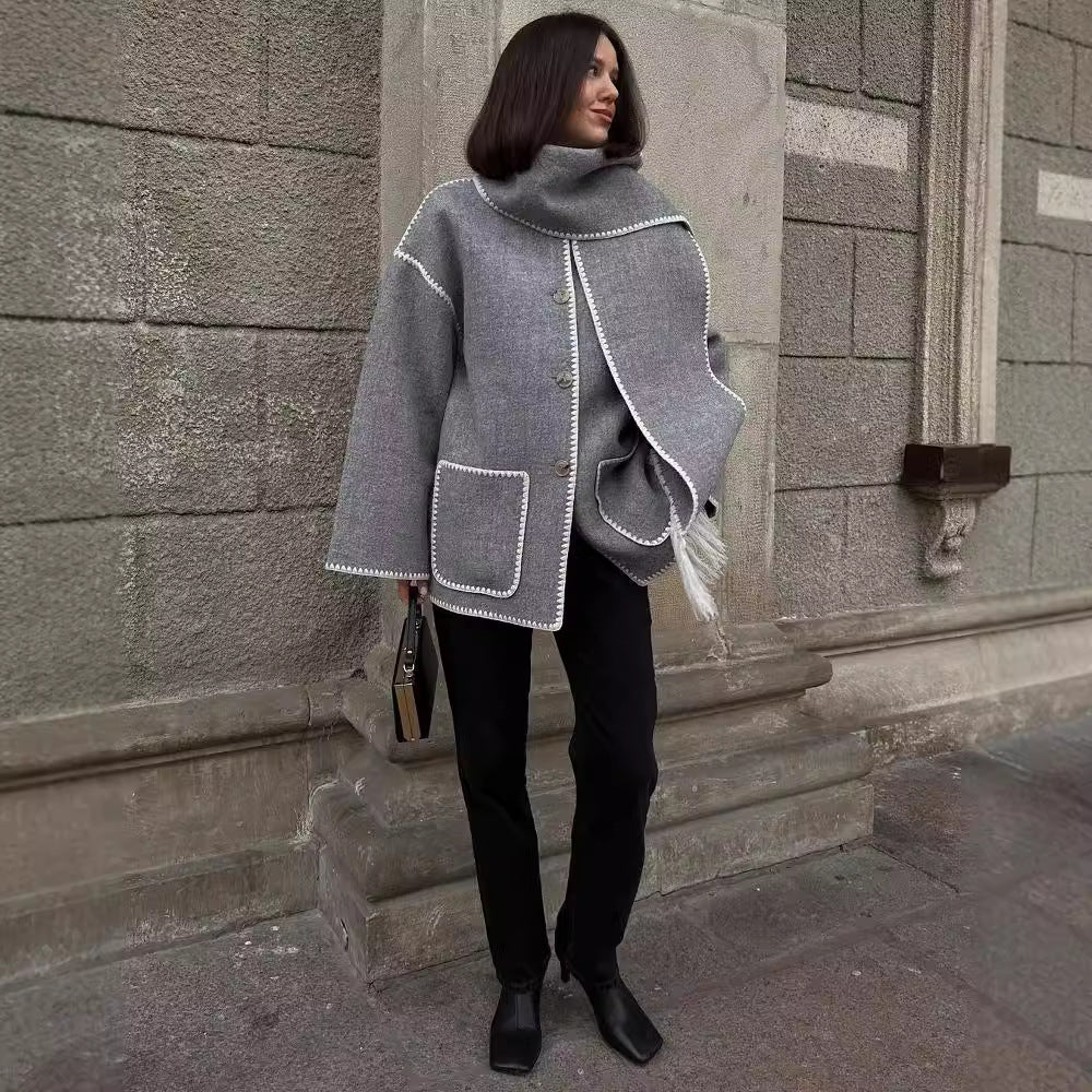 Women's Fashion Woolen Thick Loose With Scarf Coats